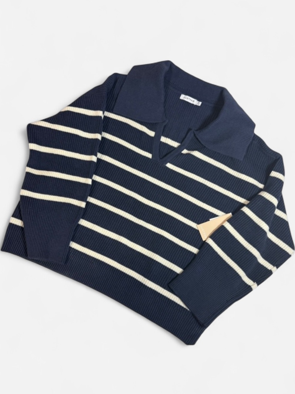JustFab Women's V-Neck Sweater in Navy and Cream Stripes